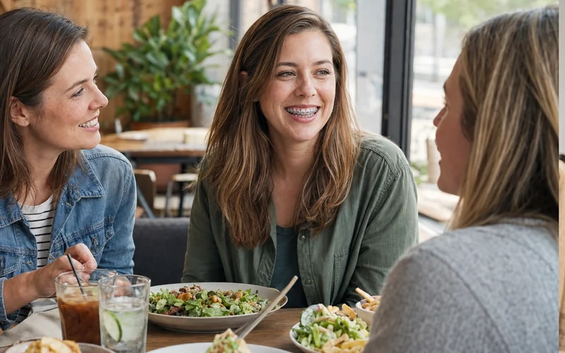 An adult woman with braces laughing with friends over lunch