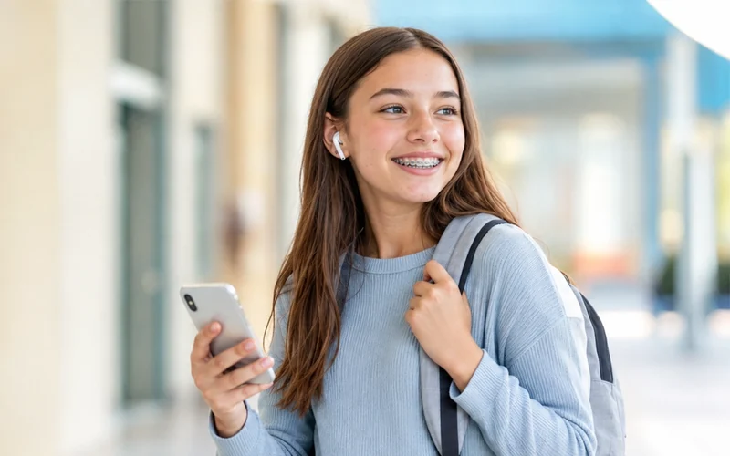 A smiling teen girl with braces on her way to class
