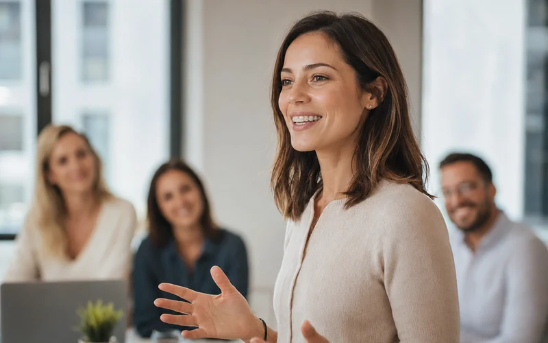 An adult woman with clear braces speaking in a work meeting